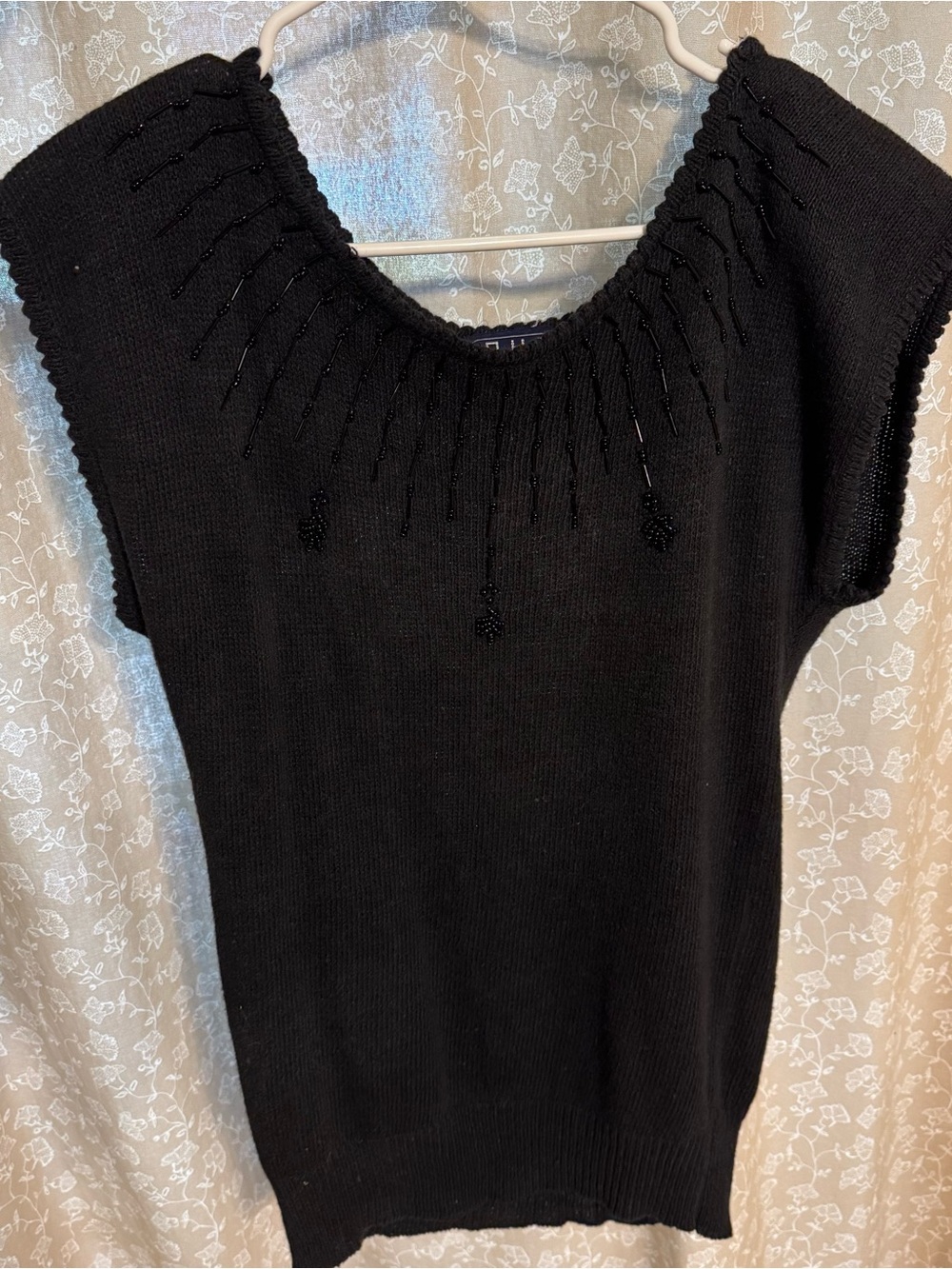 Vintage OHI Black Beaded Knit Sweater Vest Top Whimsigoth Small Dark Academia